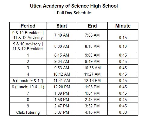 Utica Academy of Science High School Bell Schedule 2019 - 2020