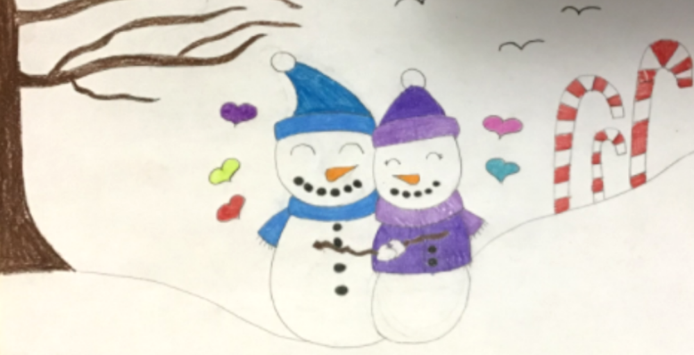 Utica Academy of Science elementary Atom drew snowmen giving warm hugs for the I Love Winter art show presentation.