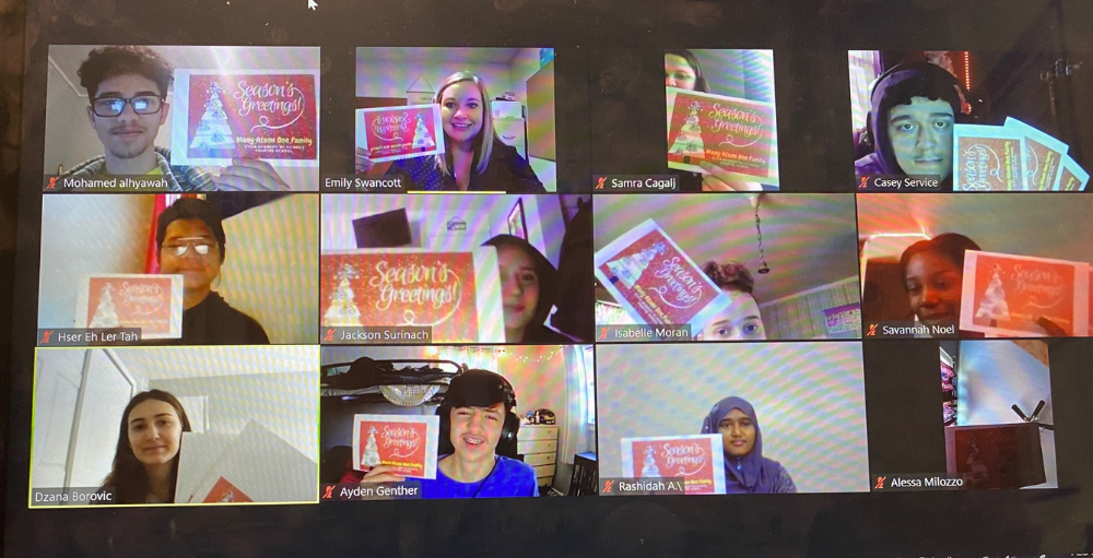 Utica Academy of Science high school Atoms join together virtually to write and design holiday cards that would be sent to the residents of the Masonic Care Community.