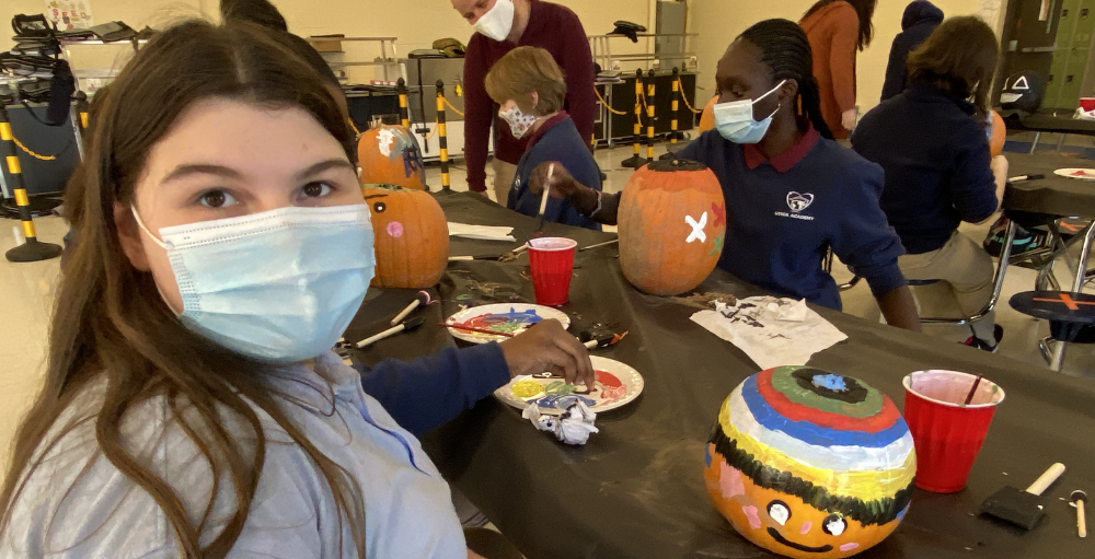 Utica Academy of Science Junior Senior High School students in the 7th and 8th grade paint pumpkins for a fun, creative and artistic Fall themed activity.