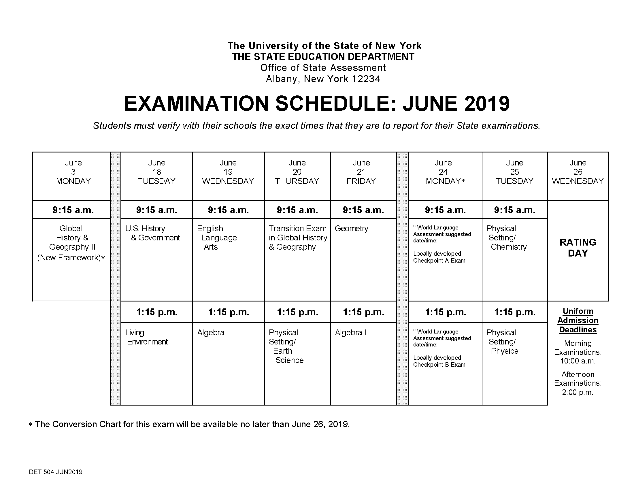 Regents exam schedule for June 2019
